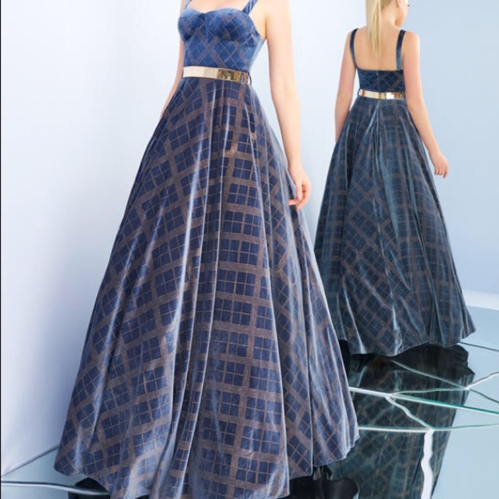 Blue velvet Ieena Macduggal ballgown.